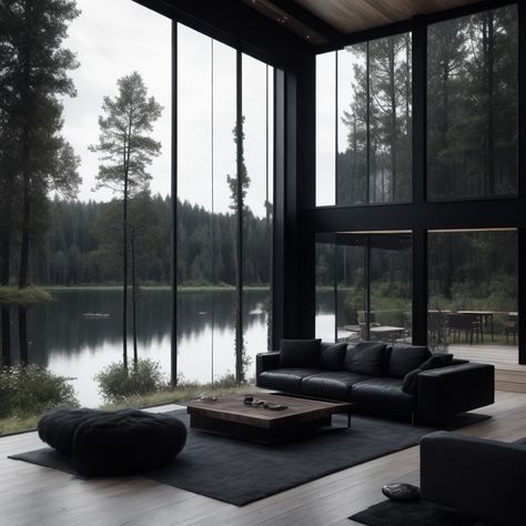 Dark luxury house on a lake Lake House Luxury, Forest Modern House Interiors, Black Lake House, Dark Nature House Aesthetic, Gothic Style House, Dark Luxury, Lake House Dark Aesthetic, Dark Luxury House, Dark Modern House Exterior