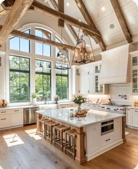 Big Farmhouse Kitchen, Big Kitchen Ideas, Country House Kitchen, Dream Life House, Modern Style House Plans, Farmhouse Kitchen Design, Kitchen Inspiration Design, Modern Farmhouse Kitchens, Dream House Plans