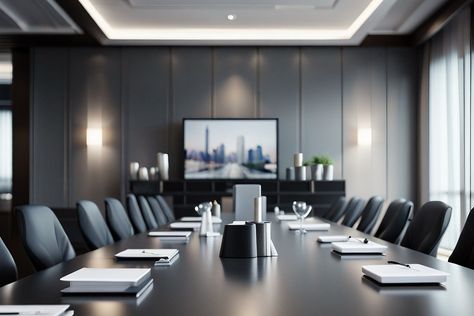 Contemporary conference room done in gray neutral tones. Contemporary Conference Room, Modern Conference Room, Neutral Tones, Office Space, Blue Gray, Blue Grey, Conference Room, Conference Room Table, Room Decor