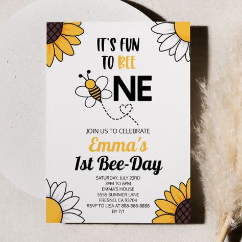 $2.82 | Bumble Bee Sunflowers First 1st Birthday Party - bumble bee, sunflower daisy flowers, yellow black and white, 1st first one 1, bee-day honey bee, birthday party, invitation invite, cute girl girly, bee day b-day bday, first 1st birthday party Bumble Bee 1st Birthday Girl, Bee First Birthday Party Girl, 1st Bee Day Party Ideas Girl, Bee Day Party Ideas 1st, Honey Bee Birthday Party, Honey Bee Birthday, Bee Sunflower, Bee Birthday Party, Sunflower Daisy