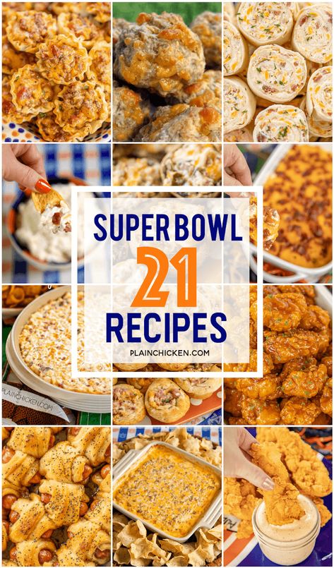 Easy Super Bowl Party Recipes - 21 easy party snacks for your Super Bowl party! Dips, finger foods, desserts - something for everyone! Can make most ahead of time and serve when ready for the big game! #tailgating #appetizer #partyfood Bowl Dinner Recipes, Super Bowl Dinner, Super Bowl Food Easy, Best Superbowl Food, Easy Super Bowl, Finger Food Desserts, Super Bowl Recipes, Party Snacks Easy, Healthy Superbowl Snacks