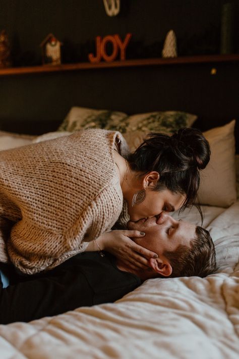 Cozy Cuddles Couple, Couple Bed Pose, Sweet Home Aesthetic, Aesthetic Decoration Ideas, Home Engagement Photos, In Home Engagement Session, Cedar Falls Iowa, Sweet Hug, Aesthetic Decoration