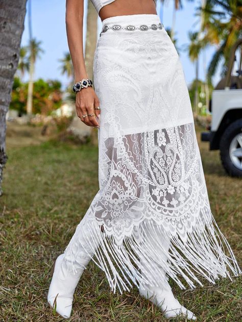 SHEIN VCAY Fringe Hem Lace Overlay Skirt Without Belt | SHEIN USA Fringe Skirt Outfit, Country Music Festival Outfits, White Leather Skirt, Cowboy Outfit, Camo Cardigan, Mesh Maxi Skirt, Overlay Skirt, Western Women, Fringe Skirt