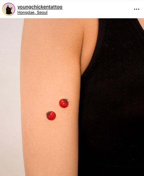 Tattoo tomatoe Tiny Tomato Tattoo, Cherry Tomato Tattoo, Tomato Tattoo, Tiny Tats, Vine Tattoos, Tattoo Inspo, Small Tattoos, Tomatoes, Tatting