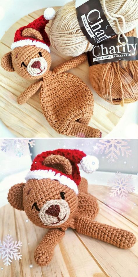 The holiday season is surely special, therefore it deserves a really special snuggle toy as well. Christmas Bear Lovely is everything this time of the year stands for. It is adorable and soft, styled with a Santa hat and it offers lots of cuteness and hugs. This is so much fun to make and lovely to have. That’s why prepare yourself for the situation where every single kid you know will want one. #freecrochetpattern #crochetpattern #crochetoy #crochetloveys Free Baby Lovey Crochet Patterns, Crochet Lovey Free Pattern, Bear Lovey, Bunny Lovey, Crochet Lovey, Baby Lovey, Christmas Bear, Cool Ideas, Baby Crochet