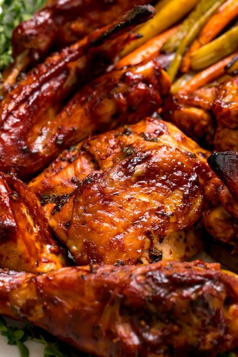 Oven-roasted turkey with barbeque sauce from Thanksgiving.com - #thanksgivingcom #turkey #bbqsauce #bbq #barbecue Turkey Parts Recipe, Barbeque Turkey, Barbecue Turkey, Turkey Roasted, Turkey Pieces, Roasted Rainbow Carrots, Bbq Turkey, Christmas Traditional, Thanksgiving 2024