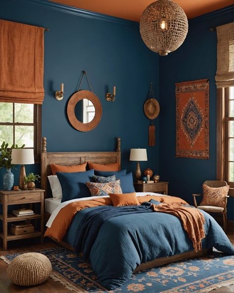 Master Bedrooms Blue Walls, Navy Terracotta Bedroom, Blue And Copper Bedroom, Coral And Blue Bedroom, Blue And Burnt Orange Bedroom, Blue And Terracotta Bedroom, Blue House Interior, Orange And Blue Bedroom, Blue And Orange Bedroom