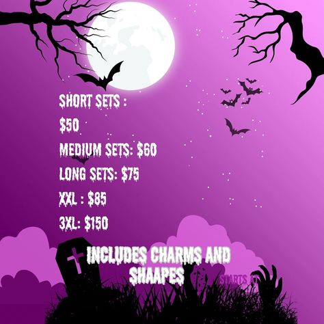 Get ready for Spooky Season with our custom press-on nail price list ! 🎃👻🔮 Choose any shape and size, with prices varying by length. Whether you want something spooky or sleek, our designs are made to impress for Spooky season . Copy-and-paste sets are available, but please note that slight variations will be made to protect the artist’s originality. Sale ends October 18th, so don’t miss out on your custom set! #SpookyNails #PressOnNails #CustomNails #NailArt #NailInspo #GothicNails #Witc... Press On Nail Price List, Nail Price List, Spooky Nail, Nail Prices, Gothic Nails, Nail Sets, Price List, Spooky Season, Press On Nails