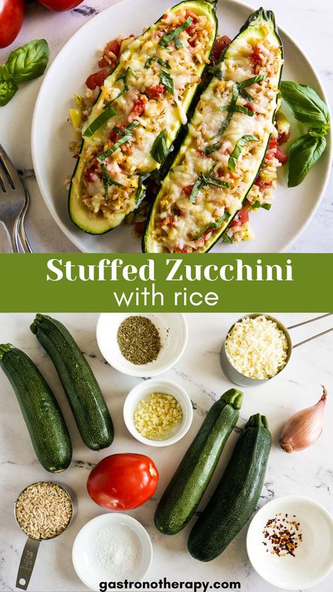 Stuffed zucchini boats with mozzarella cheese. Vegetarian Stuffed Zucchini, Vegetarian Zucchini Boats, Gluten Free Zucchini Recipes, Seasoned Vegetables, Zucchini Rice, Zucchini Boat Recipes, Stuffed Zucchini Boats, Stuffed Zucchini, Vegan Zucchini