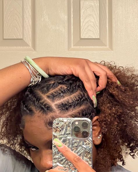 Cute Natural Hairstyles With Braids, Natural Hair Styles Braided, Natural Curly Hairstyles With Braids, Scalp Braids Natural Hair No Weave, Braided In The Front Curly In The Back Natural Hair, Nature Hairstyles For Black Women, Summer Hairstyles Natural Hair, Braided Front Natural Hairstyles, Cute Natural Braided Hairstyles