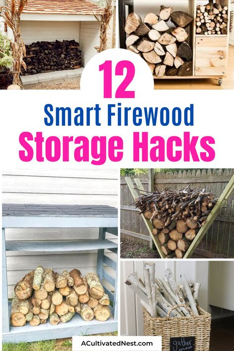 12 Smart Firewood Storage Hacks- Do you need a simple solution to store your firewood this winter? Check out these smart firewood storage hacks to make your life easier and get your firewood organized! | firewood organization ideas, #firewood #storageIdeas #organize #homeOrganization #ACultivatedNest Firewood Storage Under Tv, Store Wood Outside Ideas, Cord Wood Storage, Easy Wood Storage Ideas, Storing Firewood Indoors, Store Firewood Inside, How To Store Wood Outside, Patio Wood Storage, Outdoor Fire Pit Wood Storage