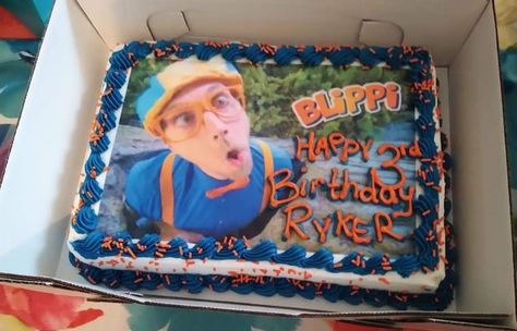 Blippi themed sheet cake Blippi Sheet Cake Ideas, Homemade Blippi Cake, Simple Blippi Cake, Easy Blippi Birthday Cake, Blippi Third Birthday, Birthday Sheet Cakes, Sheet Cake, 3rd Birthday, 2nd Birthday