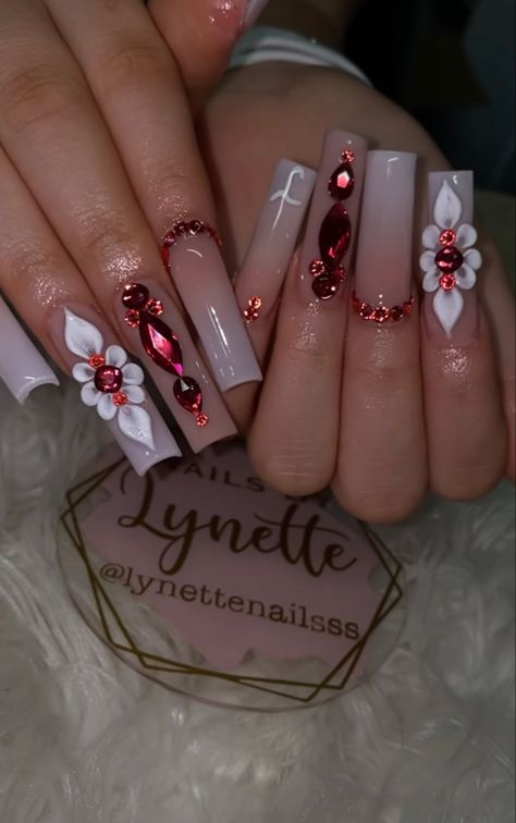 Quince Nails, Gel Nails Long, Quinceanera Nails, Red Acrylic Nails, Long Acrylic Nail Designs, Simple Acrylic Nails, Long Acrylic Nails Coffin, Acrylic Nails Coffin Pink, Long Square Acrylic Nails