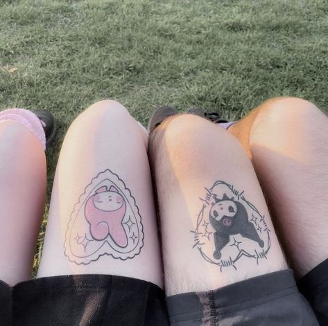 Hello Kitty Tattoo Thigh, Matching Sanrio Tattoos, Kuromi Matching Tattoos, Sanrio Tatoos, My Melody Tattoo Ideas, Kuromi And My Melody Tattoo, Sanrio Tattoo Ideas, My Melody Tattoo, Kawaii Tattoo Ideas