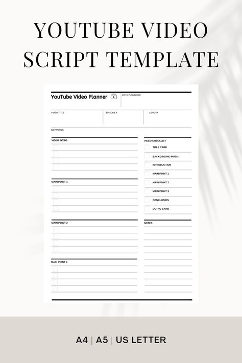 Different Youtube Content, Youtube Video Outline Template, Video Planning Template, How To Write A Youtube Script, How To Plan Youtube Content, Youtube Script Writing, Youtube Video Script Template, Youtube Video Planner Template, Content Creator Planner Template