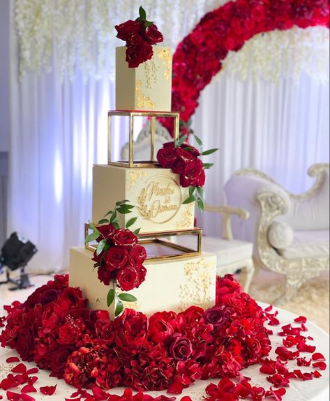 Maroon And Gold Wedding Cake, Red White And Gold Wedding Cake, Red And Gold Wedding Cake, Red And White Wedding Cake, White And Gold Wedding Themes, Red Wedding Cake, Gold And White Cake, White And Gold Wedding Cake, 4 Tier Wedding Cake