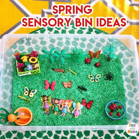 Spring Theme Sensory Bins + Table Ideas Fairy Sensory Bin, Fairy Activities, Dayhome Ideas, Spring Sensory Bin, Unicorn Activities, Sensory Table Ideas, Fair Garden, Spring Sensory, Spring Theme Preschool