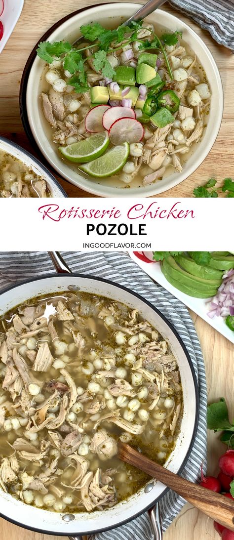 Rotisserie Chicken Pozole Chicken Pizzoli Soup, Chicken Posole Soup, White Pozole Recipe, What To Make With Hominy, Chicken Posole Recipe Easy, Crockpot Chicken Pozole, Pazole Soup Mexican, Mexican Hominy Soup, Chicken And Hominy Recipes