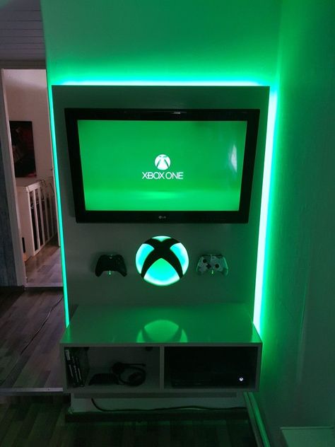 Video Game Nook, Xbox Set Up Bedroom, Xbox Themed Bedroom, Small Gaming Corner Ideas, Gaming Closet Ideas, Xbox Game Room Ideas, Fortnite Room Decor Ideas, Xbox Room Ideas, Xbox Bedroom Ideas