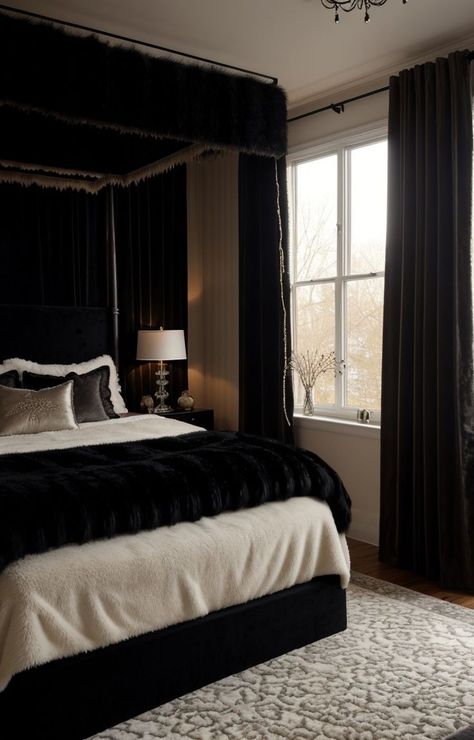 Dark Aesthetic Bedroom, Velvet Curtains Bedroom, Black Canopy Bed, Curtains Behind Bed, Canopy Bed Curtains, Home Decor Aesthetic, Kitchen Home Decor, Black Curtains, Home Decor Living Room