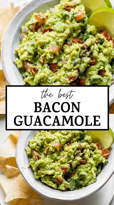 Learn how to make the best homemade BACON GUACAMOLE in just 10 minutes! You only need 7 ingredients to make this easy, healthy snack recipe #guacamole #baconguacamole Recipe Guacamole, Healthy Snack Recipe, Homemade Guacamole Recipe, Easy Healthy Snack, Bacon Guacamole, Homemade Bacon, Guacamole Recipe Easy, Best Guacamole Recipe, Easy Guacamole