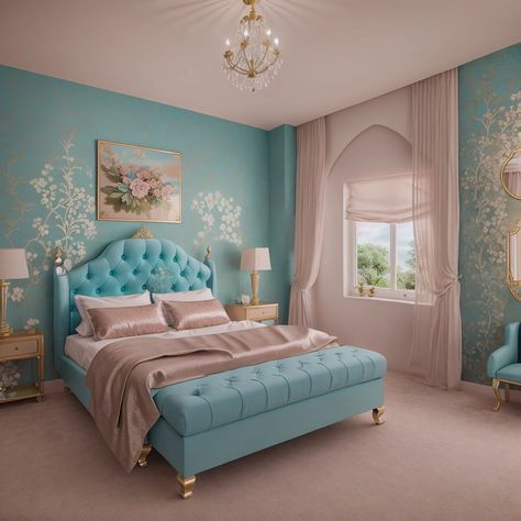 Colors, Aqua. AI generated interior design. Turquoise Girls Room, Dopamine Decorating, Aqua Bedroom, Aqua Bedrooms, Bedroom Turquoise, Beautiful Room Ideas, Gym Wall, Beautiful Room, Bedroom Color