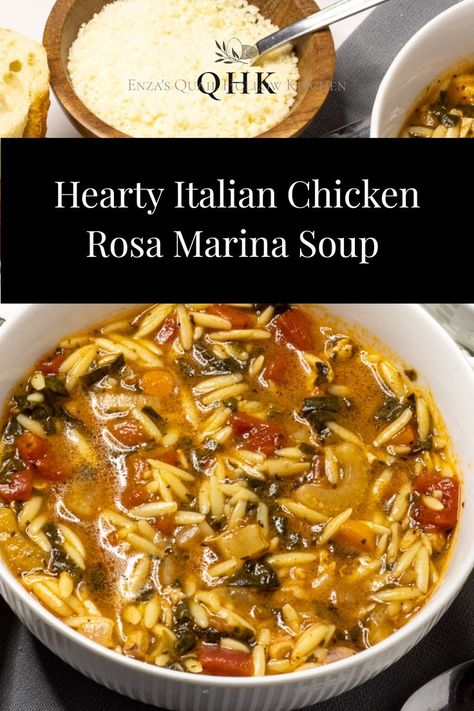 A bowl of colorful Italian Chicken Rosa Marina soup loaded with carrots, celery, spinach and tomatoes. Rosa Marina Soup Recipe, Soup With Spinach, Chicken Carrots, Italian Soup, Comfort Food Recipes Dinners, Italian Chicken, Supper Recipes, Homemade Dinner, Crock Pot Soup