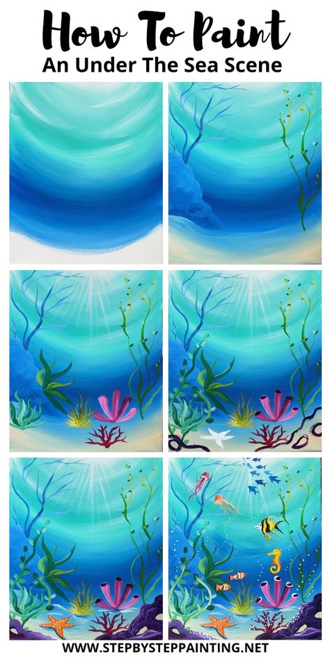 Poster Board Painting Ideas, Under Sea Painting Acrylic, Tracy Kiernan Step By Step Painting, How To Paint Beach Scene Easy Step By Step, Paint Night Tutorials Step By Step, Painting For Beginners Step By Step, Sea Floor Painting, Painting How To Step By Step, Paint Night Ideas Easy Step By Step