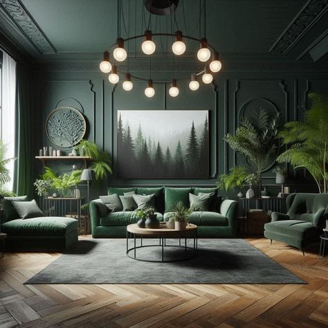 Forest Green Dark Green Living Room Hunter Green Statement Lighting Modern Air Bnb Living Room, Living Room Design Wallpaper, Dark Green Snug Room Ideas, Dark Forest Interior Design, Dark Green Moody Living Room, Dark Green Salon, Forest Themed Living Room, Hunter Green Living Room, Green Lounge Room