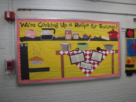 Kitchen Bulletin Board Ideas, Kitchen Bulletin Board, Cooking Classroom Theme, Kitchen Bulletin Boards, Cafeteria Bulletin Boards, Vegetables For Kids, Science Bulletin Boards, School Kitchen, Cooking Theme