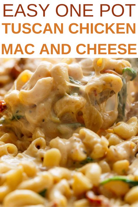 Easy One Pot Tuscan Chicken Mac and Cheese! The creamy delicious mac and cheese is the perfect indulgent meal the whole family will be raving about for weeks! Plus, it's perfect for those busy nights since it only takes 30-minutes to make! #macandcheese #dinnerrecipes #macaroni #cheese #quickmeals Mac And Cheese One Pot, Tuscan Chicken Mac And Cheese, Delicious Mac And Cheese, Chicken Thigh Fillets, Chicken Mac And Cheese, Tuscan Chicken, Oven Chicken, Best Comfort Food, Healthy Pastas