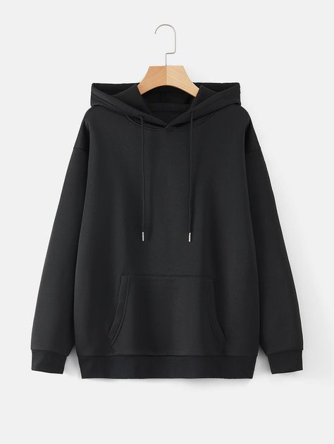 Black Casual  Long Sleeve Polyester Plain Pullovers  Slight Stretch Fall/Winter Women Sweatshirts Thermal Hoodie, Black Lady, Women Sweatshirts, Sweatshirts Online, Winter Women, Kangaroo Pocket, Drop Shoulder, Solid Black, Quarter Zip