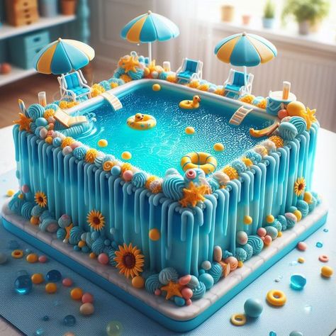 Swim Theme Cake, Water Park Birthday Cake, Water Park Cake, Water Party Cake, End Of Summer Cake Ideas, Pool Theme Birthday Cake, Waterpark Cake, Pool Cake For Kids, Swimming Cake Ideas