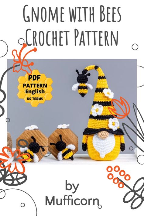 This adorable little gnome with bees crochet pattern will have you buzzing with excitement! This cute little bee keeper pattern measures about 10" tall and is recommended for intermediate crocheters. Paid crochet pattern. Crochet Bee Gnome Free Pattern, Crochet Selling, Bees Crochet, Angels Crochet, Crochet Gnomes, Bee Gnome, Plant Pot Covers, Crochet Bee, Bee Keeper