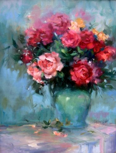 A lovely, winsome vase of flowers by Mary Maxam Flower Bouquet Painting, Flowers Vase, Trendy Flowers, Painting Flowers, Oil Painting Flowers, Painting Still Life, Flower Art Painting, Rose Painting, Plant Art