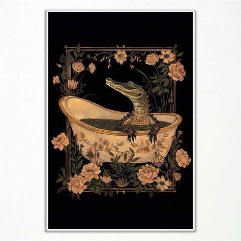 Bathroom Canvas Ideas, Whimsical Bathroom Ideas, Art Nouveau Animals, Diy Bathroom Art, Powder Room Wall Art, Bathroom Art Ideas, Art Nouveau Bathroom, Whimsical Bathroom, Moody Bathroom