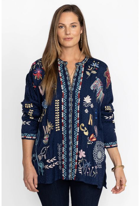 Buy OANNA BLOUSE | Johnny Was Johnny Was Clothing, Placement Embroidery, Blue Night, Vintage Flare, Bold Jewelry, Boho Chic Outfits, Embroidered Jeans, Kimono Dress, Blouse Online