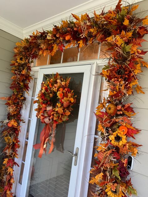 Autumn, Fall, Harvest, Front Porch, Entryway Decorations, Fall Garland Ideas Autumn Door Garland, Fall Trellis Decorations, Fall Door Archway, Garland Around Door Frame Outside, Autumn Entryway Decor, Fall Garland Front Door, Fall Entryway Decor Outdoor, Fall Front Door Decor Entrance, Doorway Arches