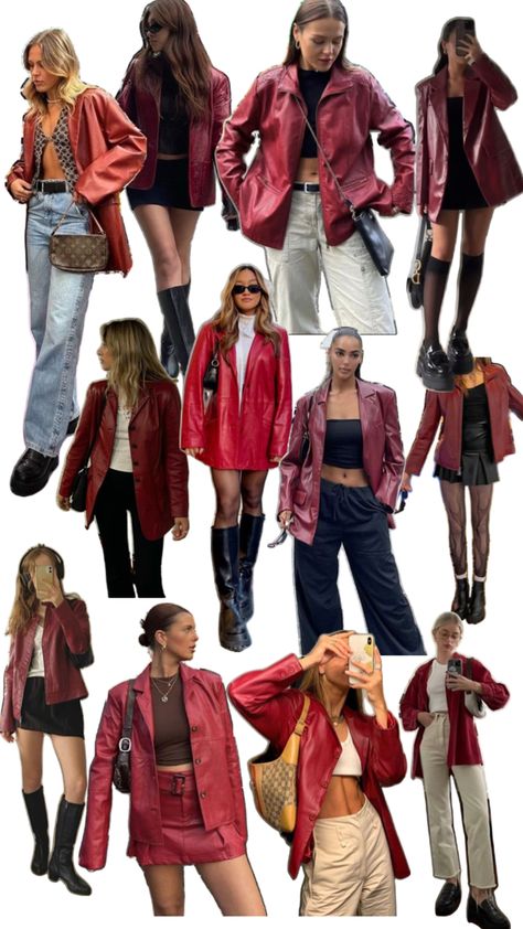 Red Leather Skirt Outfit, Outfit Ideas Leather Jacket, Jacket Outfit Aesthetic, Bar Outfit Ideas, Leather Jacket Outfit Winter, Red Leather Jacket Outfit, Patchwork Dress Pattern, Red Jacket Outfit, Winter Jacket Outfits