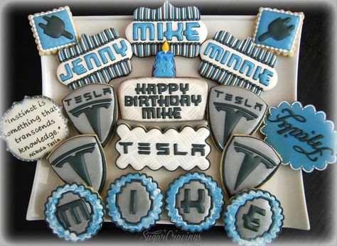 Tesla inspired cookies by Sugar Cravings Tesla Cookies Decorated, Tesla Themed Birthday Party, Tesla Birthday Party Ideas, Tesla Cake, Chalkboard Cake, Cars Theme Birthday Party, Plaque Cookies, Truck Party, Car Themes