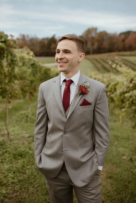 Red Groomsmen Attire, Grey Suit Red Tie, Brave Wedding, Groomsmen Attire Grey, Suit Red Tie, Red Tux, Suit With Red Tie, Burgundy And Grey Wedding, Light Gray Wedding