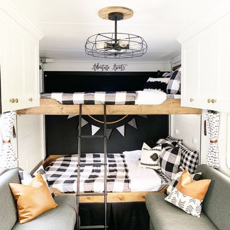 You’ll wanna go glamping in this Modern Farmhouse Style Toy Hauler! Featuring @FoxandTimber on MountainModernLife.com #rvrenovation #toyhauler #campermakeover #modernfarmhouse #modernfarmhousetyle #camperremodel #designvibes #happycamper #rvinteriordesign #tinyhometour #glamping Rv Interior Design, Glamper Camper, Camper Trailer Remodel, Diy Camper Remodel, Rv Renovations, Camper Makeover, Camper Living, Rv Decor, Camper Renovation