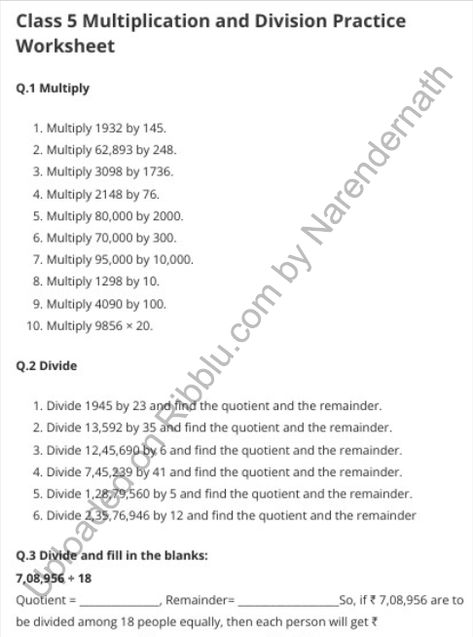 Multiplication and Division – Class 5 Maths Worksheets Division Worksheets For Class 5, Class 5 Maths Worksheets, Class 4 Maths, Multiplication And Division Worksheets, Multiplication And Division Practice, Resume Format Download, Mental Maths Worksheets, Math Fact Worksheets, Division Practice