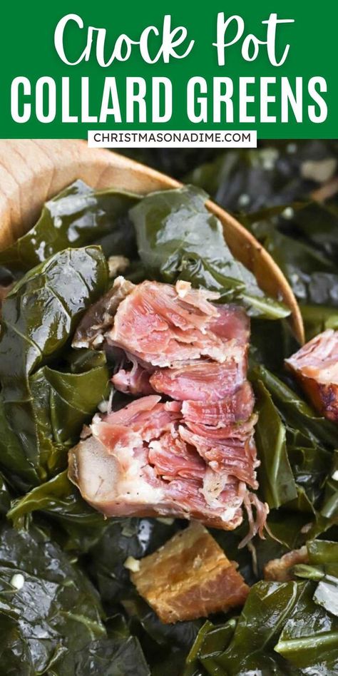 If you are looking for an easy homemade side dish this holiday season, make Crock Pot Collard Greens. Easy to make and loaded with smoky ham flavor. Combining the bacon, bacon grease and ham makes this recipe so delicious. The collard greens cook soft and tender with so much flavor. #christmasonadime #crockpotcollardgreens #collardgreens #holidaysidedish Crock Pot Collard Greens, Crockpot Collard Greens, Collard Greens Recipe, Easy Side Dish, Holiday Side Dishes, Bacon Grease, Collard Greens, Thanksgiving Menu, Greens Recipe