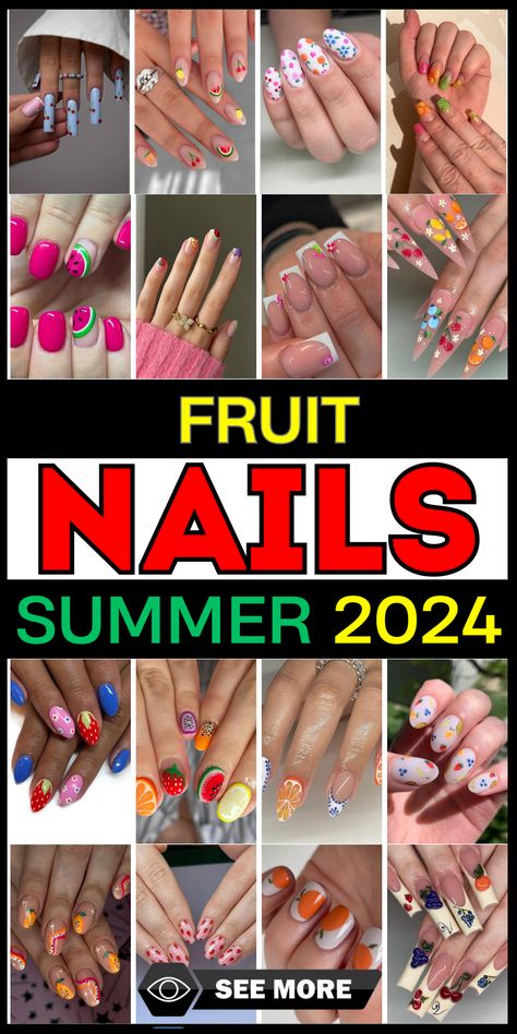 23 Summer June Nail Color Trends: Explore Vibrant Designs & DIY Tips Fruit Acrylic Nails Design, Nail Ideas With Fruits, Summer Fruit Nail Art, Acrylic Nails Fruit Design, Summer Nails 2024 Fruit, Papaya Art, Fruit Nail Designs, Fruit Nail Art, Watermelon Designs