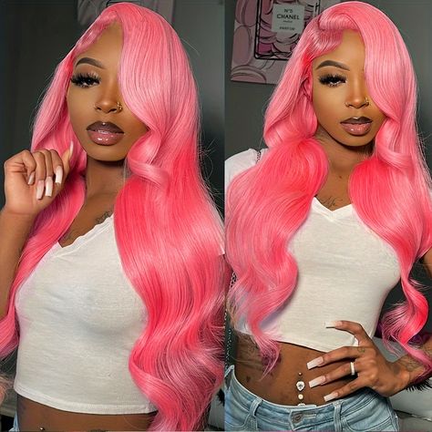 Faster shipping. Better service Pink Wig Human Hair, Pink Body Wave Wig, Straight Hair Highlights, Barbie Hairstyle, Wave Texture, Straight Weave Hairstyles, Thick Base, Barbie Hair, Pink Wig