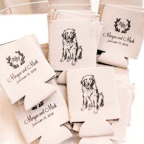 Pet Drawing, Wedding Koozies, Pets Drawing, Custom Wedding Favours, Monogram Wreath, Dog Party, Custom Dog Portraits, Personalized Wedding Favors, Can Coolers