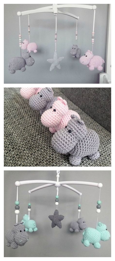 Crochet Hippo Animal Baby Mobile Free Pattern Corak Krusye, Crochet Baby Mobiles, Crochet Hippo, Baby Mobil, Crochet Mobile, Confection Au Crochet, Easy Knitting Projects, Pola Amigurumi, Haken Baby