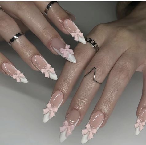 Nails Pink Acrylic, Bow Nail Designs, Nails Medium Almond, Fake Nails White, French Tip Nail Art, French Tip Press On Nails, Medium Almond, Press On Nails Medium, Short Square Nails