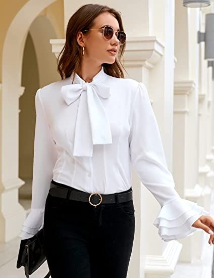 Zeagoo Women Casual Blouses Bow Tie Neck Shirts Ruffle Long Sleeve Button-Down Tunic Office Work Tops at Amazon Women’s Clothing store White Blouse With Bow Outfit, Tie Shirt Outfit, White Blouse With Bow, Bow Tie Shirt, Tie Neck Shirt, Casual Blouse Shirts, Fancy Shirt, Casual Blouses, White Bow Tie